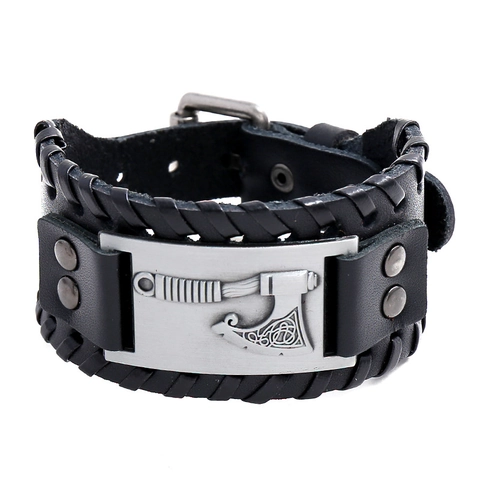 Bracelet Large En Cuir Pour Hommes Hache Viking Tressée Style Punk Nordique Boucle Réglable Bracelet En Cuir De Vache Bijoux Rétro