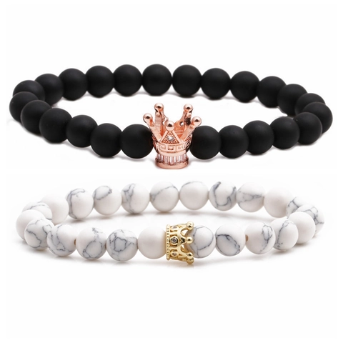 Crown Beaded Bracelet White Turquoise Matte Stone Elastic Micro Inlay Zircon Copper Jewelry Unisex Fashion