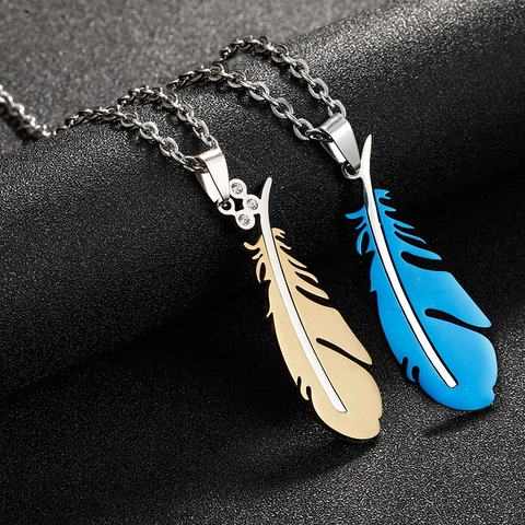 Feather Pendant Necklace Stainless Steel Inlaid Rhinestone Wing Charm O-Chain Fashion Jewelry For Men Women Couples