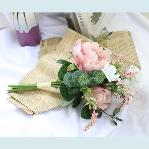Artificial Peony Rose Bouquet Satin And Plastic Flowers With Eucalyptus Leaves For Wedding Bride Home Decor
