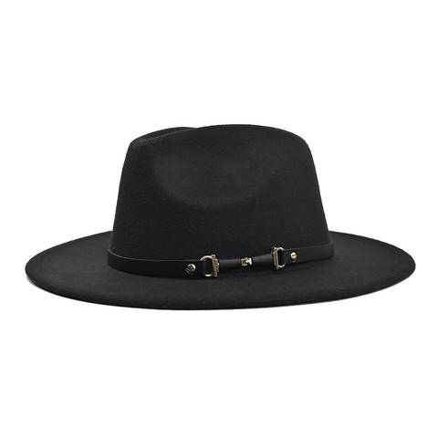 Vintage Wide Brim Fedora Hat Wool Felt Retro Jazz Cap With Faux Leather Band Metal Buckle Solid Color Unisex