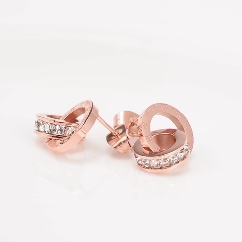 Roman Numeral Double Interlocking Ring Stud Earrings Titanium Steel Rose Gold Plated Square Zircon Fashion Jewelry