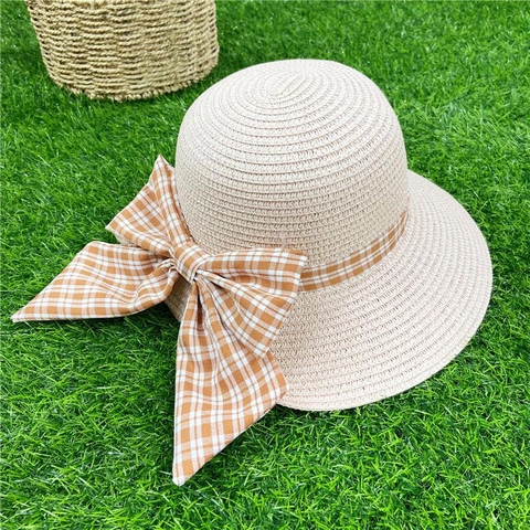Women Straw Sun Hat Wide Brim Plaid Bow Ribbon Summer Beach Travel Pastoral Style Breathable Foldable