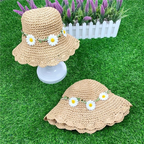 Cappello Di Paglia Per Bambini In Carta Intrecciata Margherita Bordo Ondulato Protezione Solare Estate Spiaggia Per Bambine