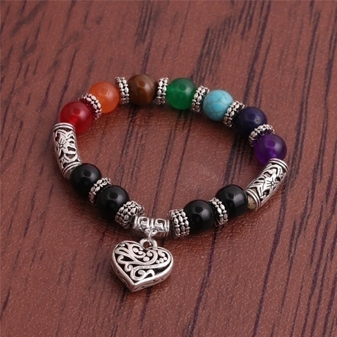 7 Chakra Agate Beaded Bracelet For Men Women Vintage Hollow Heart Pendant Elastic Yoga Meditation Natural Stone Jewelry