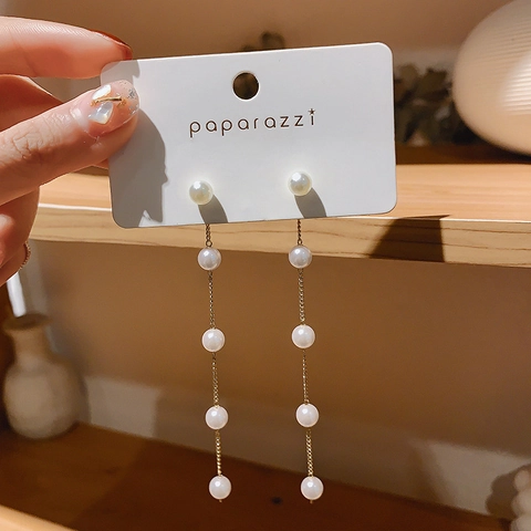 Pendientes Largos De Borla Con Perlas Artificiales Y Poste De Plata Esterlina 925 Estilo Coreano Elegante Aleación Bañada En Oro Lineal