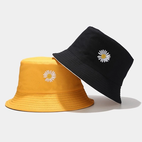 Cappello Alla Pescatora Reversibile Ricamo Margherita Cotone Tela Protezione Solare Unisex