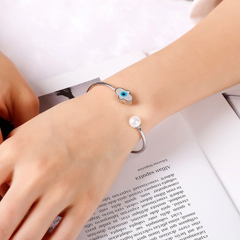 Brazalete Abierto Mano De Fátima Ojo Turco Acero Inoxidable Perla Artificial De Concha Joyería De Moda Para Mujer