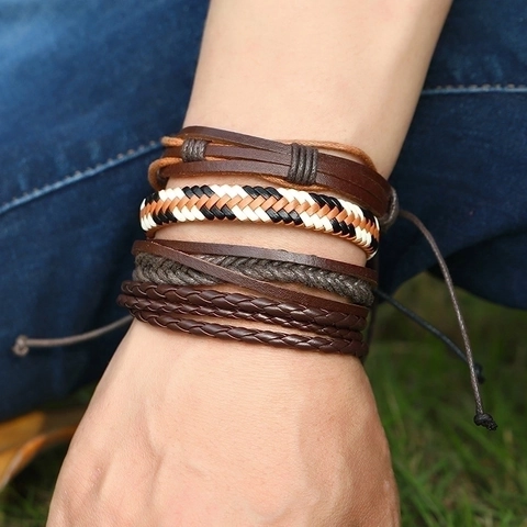 Pulseras De Cuero De Vaca Trenzadas Vintage Cordón Multicapa Cuerda De Cera Aleación Botones De Presión Joyería Punk Hombres Mujeres