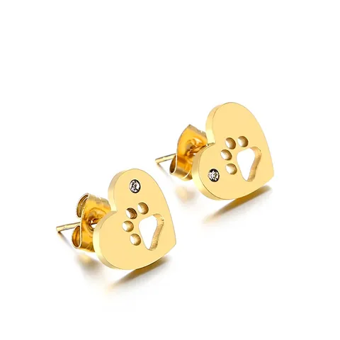Stainless Steel Heart Stud Earrings Hollow Paw Print Design With Cubic Zirconia Polished Fashion Jewelry For Women