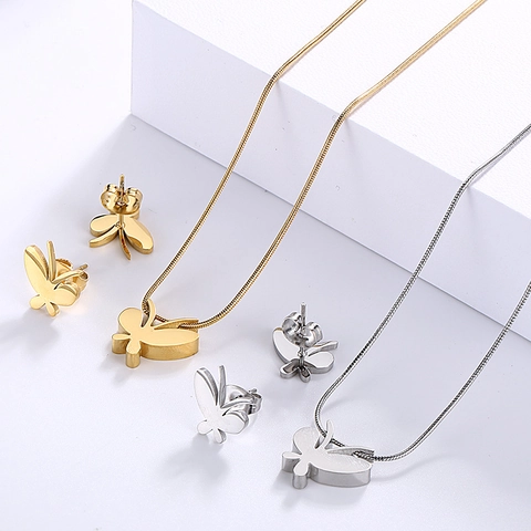 Joyas De Collar Y Pendientes De Mariposa Minimalista Acero Inoxidable 316L Bañado En Oro 18K Cadena De Serpiente Para Mujer
