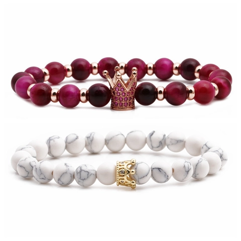 Kralen Armband Natuursteen Wit Turkoois Tijgeroog Roze Kristal Koperen Kralen Zirkoon Kroon Elastisch Koppel Sieraden