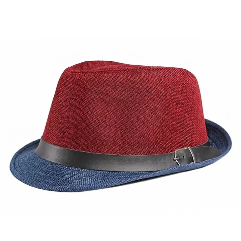 Unisex Two Tone Color Block Fedora Hat Polyester Woven Jazz Hat With Faux Leather Belt Buckle Sun Protection Beach Trilby