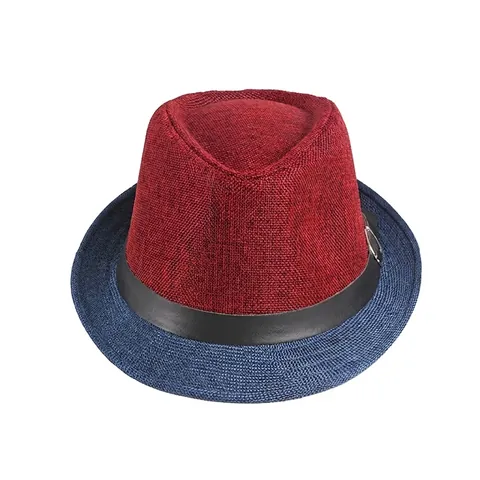 Unisex Two Tone Color Block Fedora Hat Polyester Woven Jazz Hat With Faux Leather Belt Buckle Sun Protection Beach Trilby