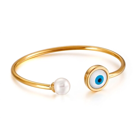 Bracciale Aperto In Acciaio Inossidabile Con Occhio Di Allah E Perla Artificial Di Conchiglia Gioielli Regolabili Da Donna