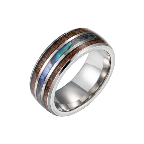 Men Women Stainless Steel Ring With Koa Wood And Abalone Shell Inlay Comfort Fit Retro Natural Fashion Band Ring