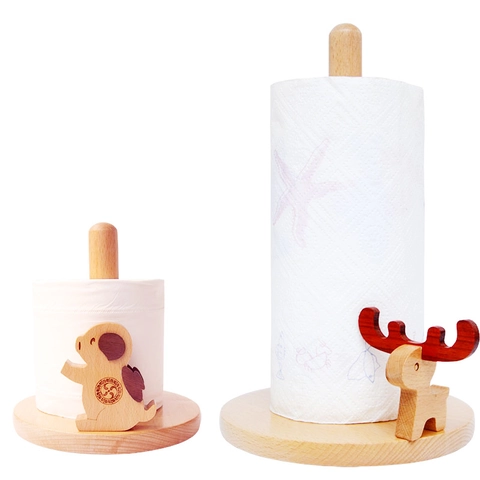 Vertical Solid Wood Paper Towel Holder Standing Roll Paper Rack Beech Walnut Cartoon Animal Desktop Storage Organizer