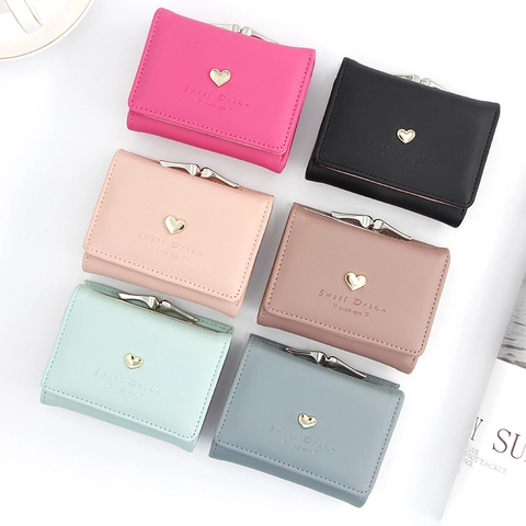 Women Short Tri-fold Wallet PU Leather Sweet Heart Decor Kiss Lock Coin Purse Card Holder Korean Style Girls