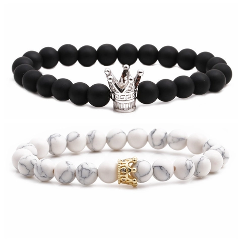 Crown Beaded Bracelet White Turquoise Matte Stone Elastic Micro Inlay Zircon Copper Jewelry Unisex Fashion