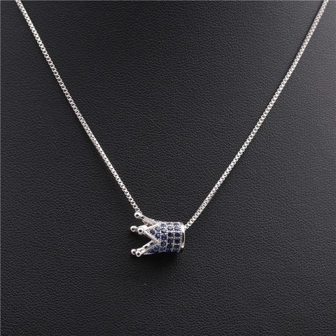 Collana Pendente Corona Rame Micro Pavè Zirconia Blu Bianco Catena Gioielli Eleganti Regalo Donna