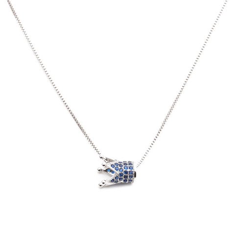 Collana Pendente Corona Rame Micro Pavè Zirconia Blu Bianco Catena Gioielli Eleganti Regalo Donna