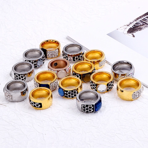 Wide Band Ring Stainless Steel Zirconia Large Square Stone Punk Exaggerated Fashion Women Gold Silver Plated