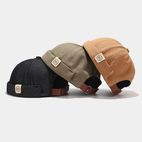 Retro Docker Hat Brimless Cotton Canvas Denim Sailor Cap Vintage Adjustable Leather Strap Streetwear Yuppie Style