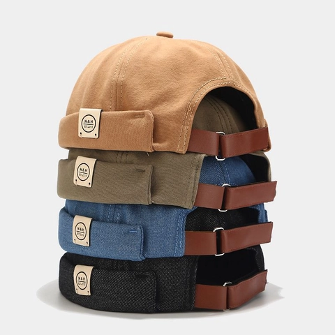 Retro Docker Hat Brimless Cotton Canvas Denim Sailor Cap Vintage Adjustable Leather Strap Streetwear Yuppie Style