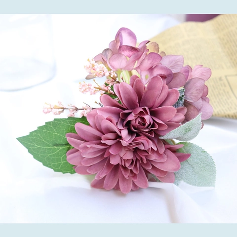 Artificial Dahlia Hydrangea Flowers Bouquet Satin Handmade Lifelike Plant For Home Wedding Party Decor Vintage Pink Purple