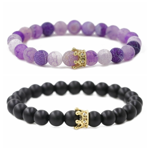 Bracelet Perles Couronne Pierre Naturelle Agate Mate Pierre Altérée Zircon Cuivre Couronne Bijoux Élastiques Couples Unisexe