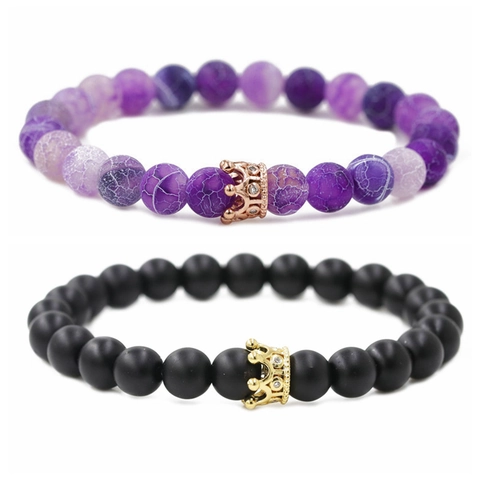 Bracelet Perles Couronne Pierre Naturelle Agate Mate Pierre Altérée Zircon Cuivre Couronne Bijoux Élastiques Couples Unisexe