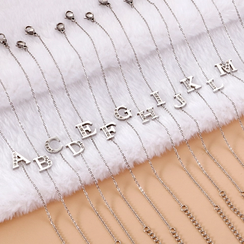 Stainless Steel Initial Letter Bracelet For Women Silver Color Rhinestone Inlaid Delicate Adjustable Jewelry Gift