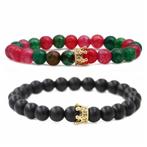 Bracciale Di Perline Corona Pietra Naturale Opaco Agata Grana Legno Rame Micro Zirconia Elastico Coppia Gioielli Moda