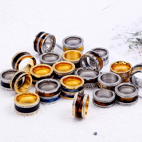 Wide Band Ring Stainless Steel Rhinestone Resin Mother Of Artificial Pearl Statement Fashion Jewelry For Women Men