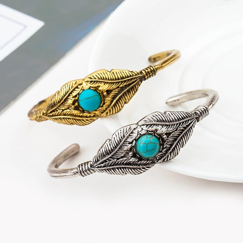 Retro Veer Blad Manchet Armband Legering Turquoise Inleg Boheemse Stijl Voor Vrouwen Verstelbare Open Bangle