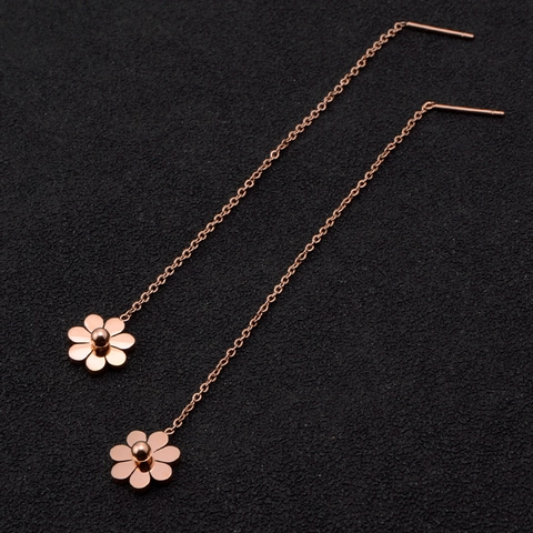 Pendientes De Hilo De Flor Chapado En Oro Rosa Acero De Titanio Cadena Larga Margarita Joyería Minimalista Para Mujeres