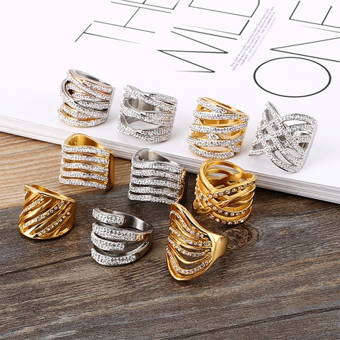 316L Stainless Steel Ring Multilayered Hollow Cross Wide Band Sparkling Zircon Fashion Jewelry For Women