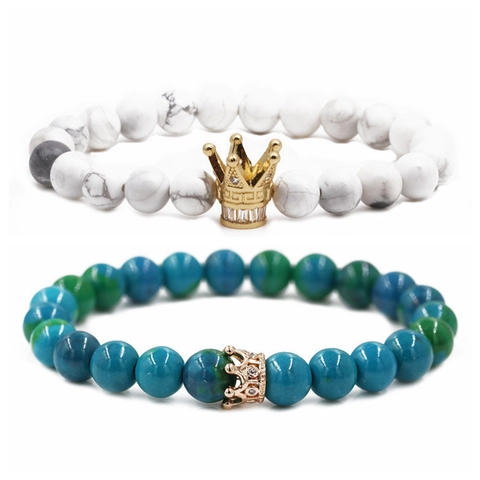 Kroon Kralen Armband Matte Zwarte Steen Wit Turkoois Phoenix Steen Koper Micro Pave Zirconia Koppel Sieraden Trendy Cadeau