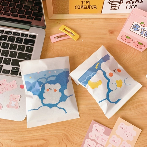 Cute Cartoon Bear Paper Gift Bag Grid Pattern Small Treat Packaging For Cookies Candy Party Favors