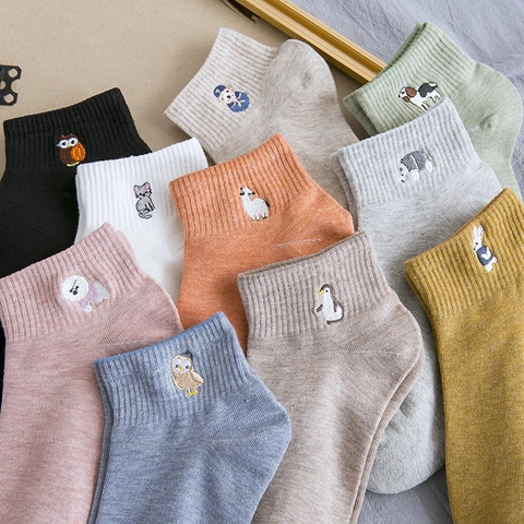 Damen Söckchen Gekämmte Baumwolle Tier Stickerei Niedrige Socken Atmungsaktiv Kawaii Japanische Cartoon Socken