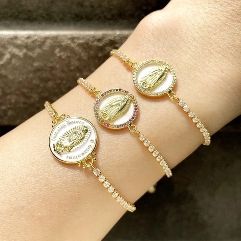 Virgin Mary Religious Bracelet Copper Gold Plated Colorful Cubic Zirconia Mother Of Artificial Pearl Adjustable Slider Drawstring