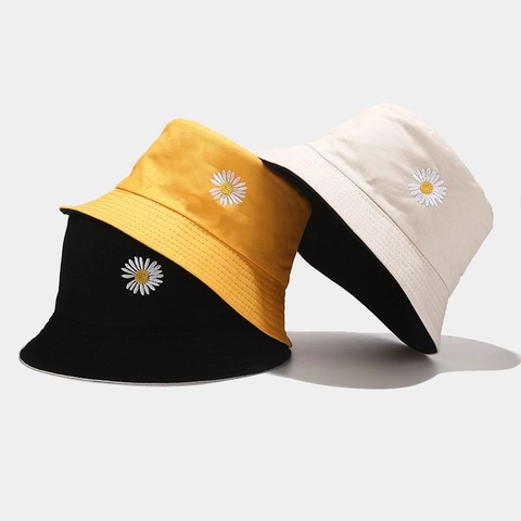 Cappello Alla Pescatora Reversibile Ricamo Margherita Cotone Tela Protezione Solare Unisex