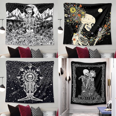 Arazzo Gotico Con Teschio Da Parete Poliestere Tarocchi Fasi Lunari Scheletro Floreale Decorazione Boho Casa