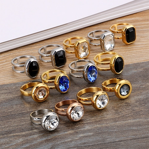 Stainless Steel Ring For Women With Large Zircon Crystal Hollow Layered Geometric Modern Fashion Finger Jewelry