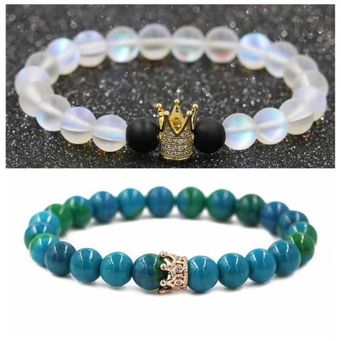 Bracciale di Coppia con Perline a Corona Stile Occidentale con Pietra di Fenice Pietra di Luna Pietra Smerigliata Gioielli Fatti a Mano con Zirconia