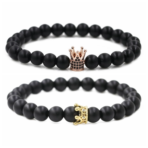 Hot Sale Matte Black Stone Micro Inlaid Zircon Crown Couple Bracelet Copper Beads Bracelet