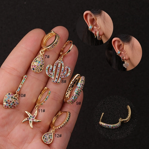 Pendientes Huggie Hoop De Circonita Multicolor Cobre Chapado En Oro Perforación De Cartílago Joyería Bohemia Para Mujeres