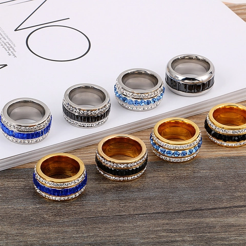 Roestvrijstalen Ring 18K Verguld Zirkonia 3 Rijen Micro Pave Brede Band Geometrische Mode Sieraden Voor Dames Heren