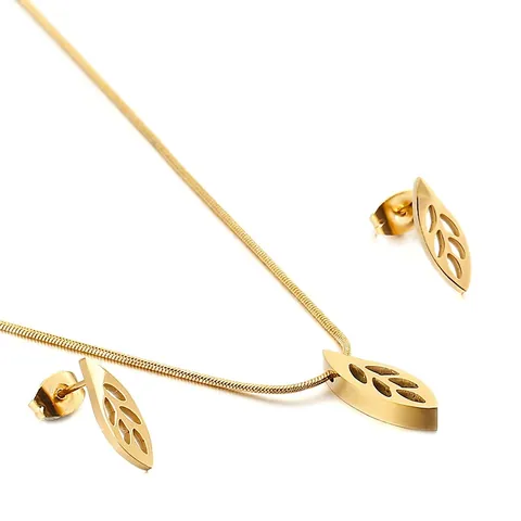 Collana E Orecchini A Lobo Con Foglia Cava In Acciaio Inossidabile Placcato Oro 18K Catena A Serpente Per Donna
