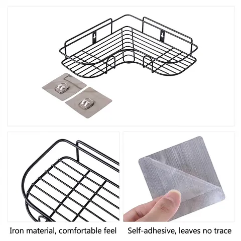 Corner Storage Rack Metal Wall Mounted Adhesive L-Shaped Mesh Shelf For Bathroom And Kitchen Organization